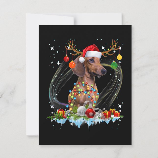 Cartão De Notas Papai Noel Engraçado Luz de Rena Dachshund Natal (Frente)