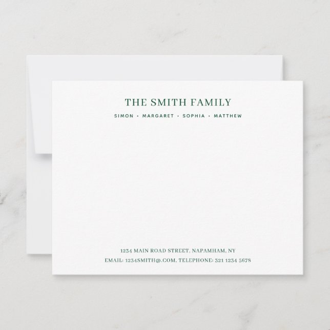 Cartão De Notas Papel de carta de nome da família verde mínima (Frente)