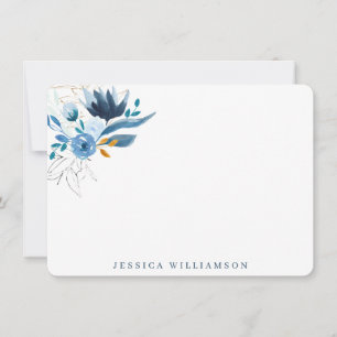 Cartão De Notas Papel de Carta Floral de Cor Azul Elegante