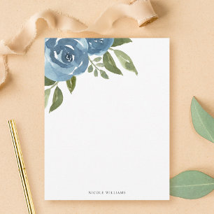 Cartão De Notas Papel de Carta Floral de Cor de Água Azul Elegante