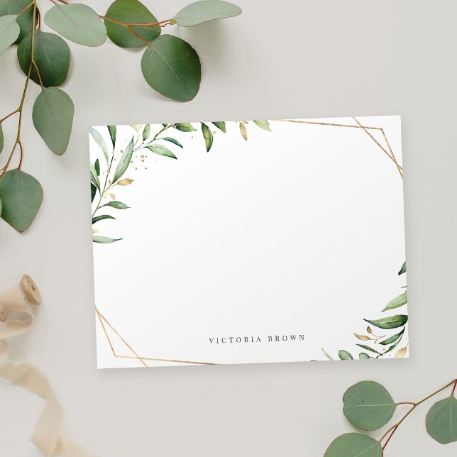 Cartão De Notas Papel de Carta Geométrico Personalizado Dourado de (Greenery Gold Geometric Personalized Stationery Note Card)