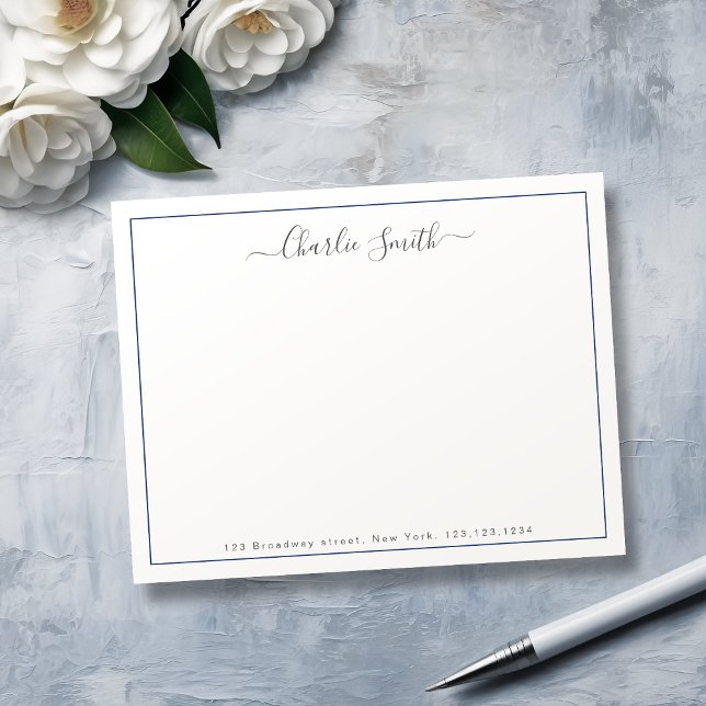 Cartão De Notas Papel de carta personalizado com borda azul simple (Simple script blue border personalized stationery note card)