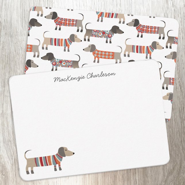 Cartão De Notas Papel de Carta Personalizado de Cão de Enchimento (Dachshund Wiener Sausage Dog personalized modern script custom name note card)