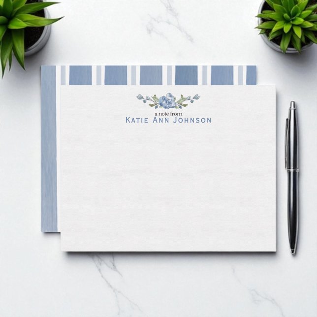 Cartão De Notas Papel de Carta Personalizado Floral Azul Personali (Criador carregado)