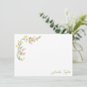 Cartão De Notas Papelaria de água-forte com borda floral de nome p