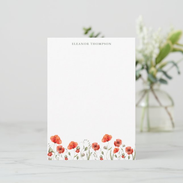 Cartão De Notas Papelaria de Nome Personalizado Floral Red Poppy (Em pé/Frente)