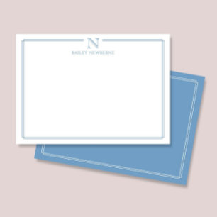 Cartão De Notas Papelaria Moderna com Monograma Inicial e Borda Az