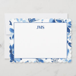 Cartão De Notas Papelaria Monograma com Borda Floral Azul Marinho
