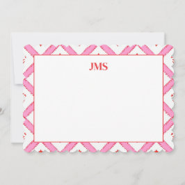Cartão De Notas Papelaria Monograma Padrão Rosa Chic e Vermelho