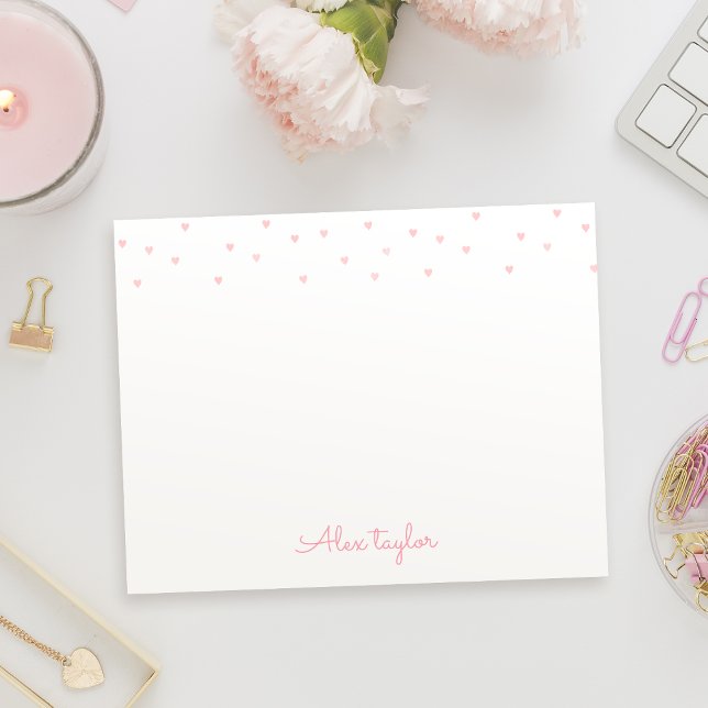 Cartão De Notas Papelaria personalizada com corações rosa fofos (Cute pink hearts girly Personalized Stationery Note Card)