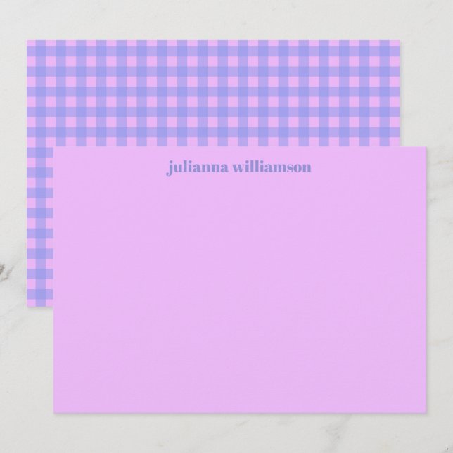 Cartão De Notas Papelaria Personalizada Xadrez Rosa Roxo Fofa (Frente/Verso)