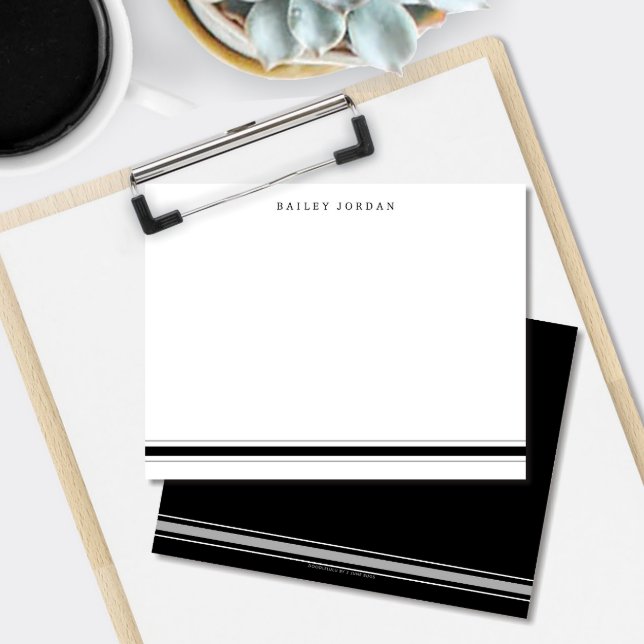 Cartão De Notas Papelaria Simples Três Listras Preto e Cinza Mascu (Masculine sporty black and gray stripes custom flat note cards)