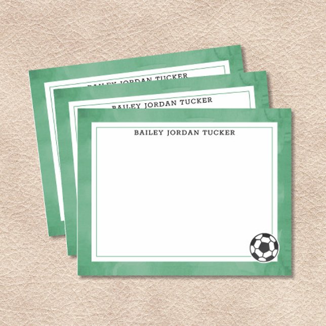 Cartão De Notas Papelaria Verde Aquarela Bola de Futebol (Soccer Ball with Name Flat Note Cards)