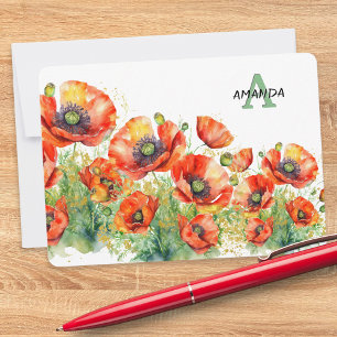 Cartão De Notas Papoulas Vermelhas Monogramadas Elegantes Flores d