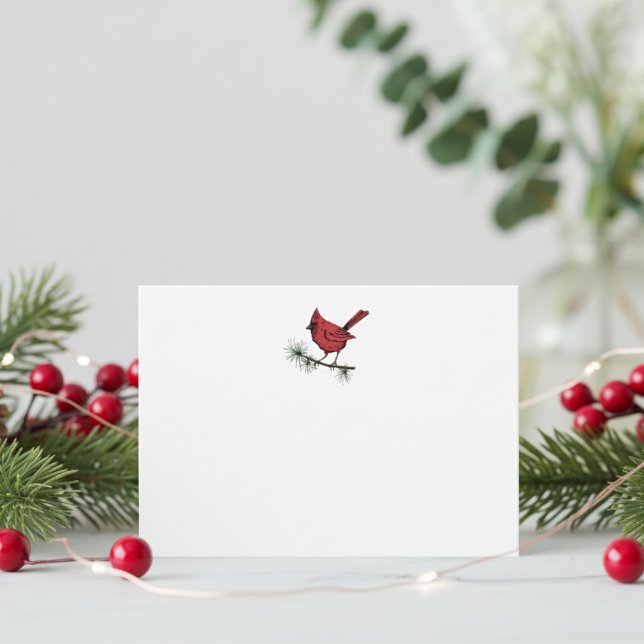 Cartão De Notas Pássaro Vermelho Simples de inverno (Simple Red Cardinal on Pine Branch Illustration Winter Note Card in White. Elegant Red Bird for Xmas)