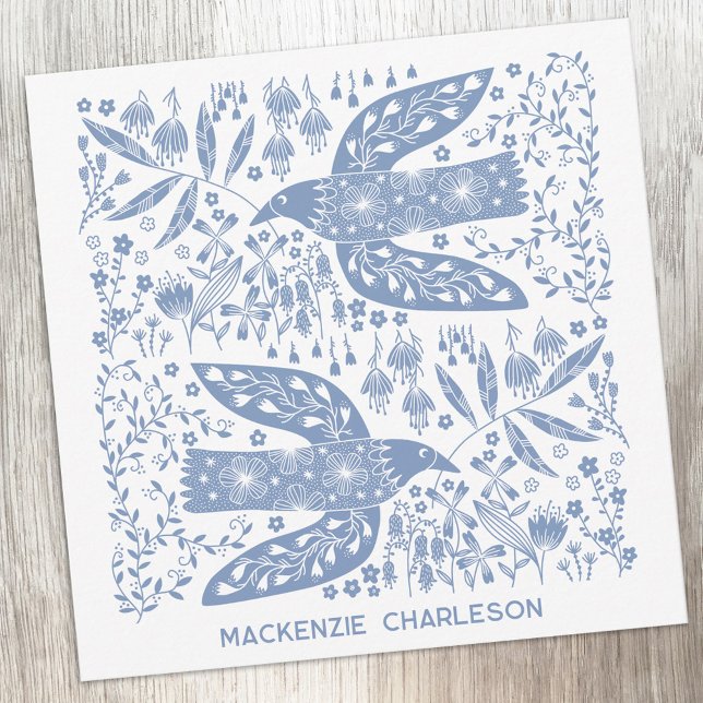 Cartão De Notas Peace Dove Blue Bird Personalized Name (Personalized custom name peace doves blue and white bird folk art notecards)