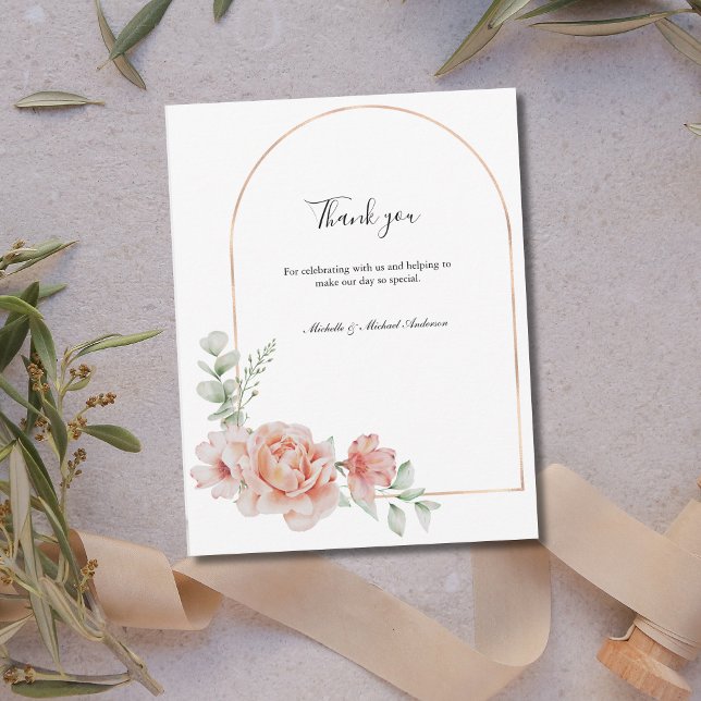Cartão De Notas Peach Floral Classic Formal Weding Obrigado (Peach Floral Watercolor Wedding Thank you card. Personalized, Rose Gold Arch Greenery)