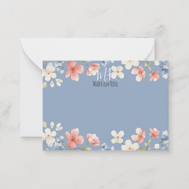Cartão De Notas Personalised Blue Watercolour Floral Monogram (Frente)