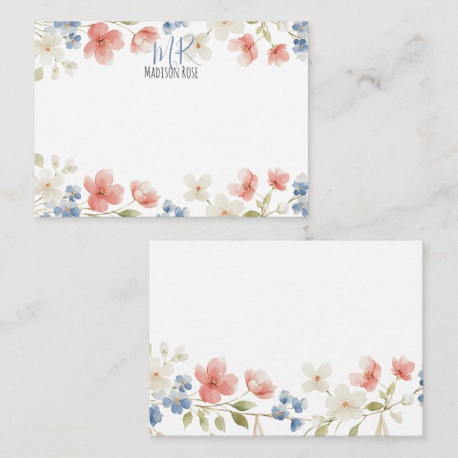 Cartão De Notas Personalised Blush Watercolour Floral Monogram (Frente/Verso)