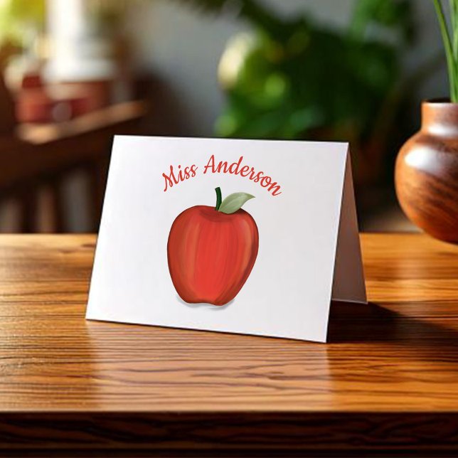 Cartão De Notas Personalização de Professores de Maçã Vermelha Cut (Simple teacher personalized note card with watercolor red apple.)