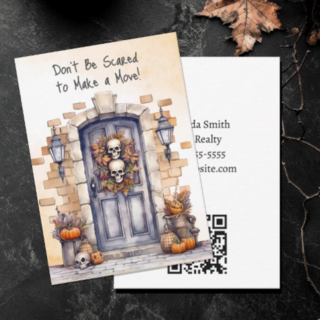 Cartão De Notas Personalizado Não fique com medo de Pop (Don't Be Scared to Make a Move Halloween Real Estate Pop By Card with QR code. Editable)