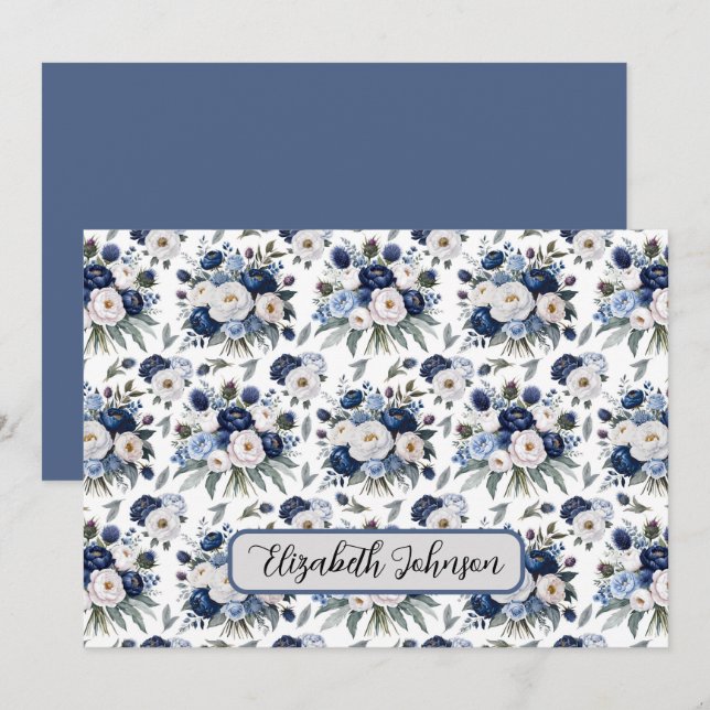 Cartão De Notas Personalized Blue Floral Botanical Note Card (Frente/Verso)