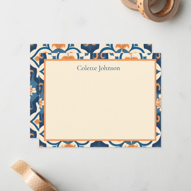 Cartão De Notas Personalized Blue Orange Tile Stationery (Frente/Verso In Situ)