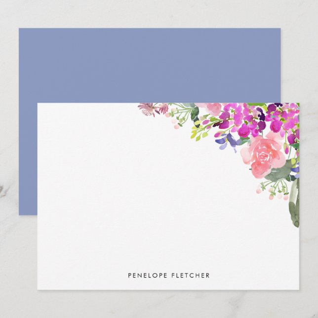 Cartão De Notas Personalized Elegant Watercolor Floral  (Frente/Verso)
