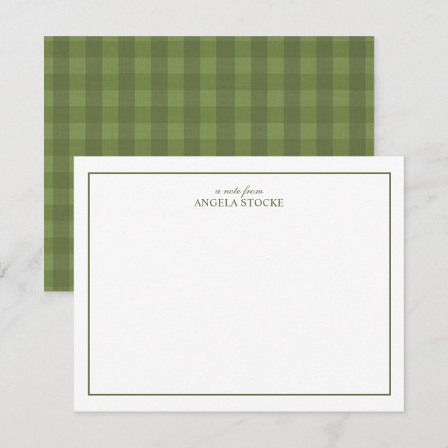 Cartão De Notas Personalized Name Green Border Gingham (Frente/Verso)