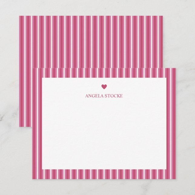Cartão De Notas Personalized Name Pink Stripe Heart (Frente/Verso)