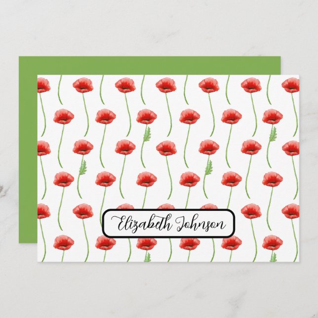 Cartão De Notas Personalized Poppies Floral Botanical Note Card (Frente/Verso)