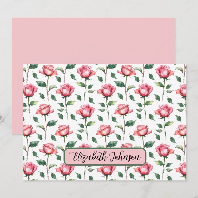 Cartão De Notas Personalized Rose Floral Botanical Note Card (Frente/Verso)
