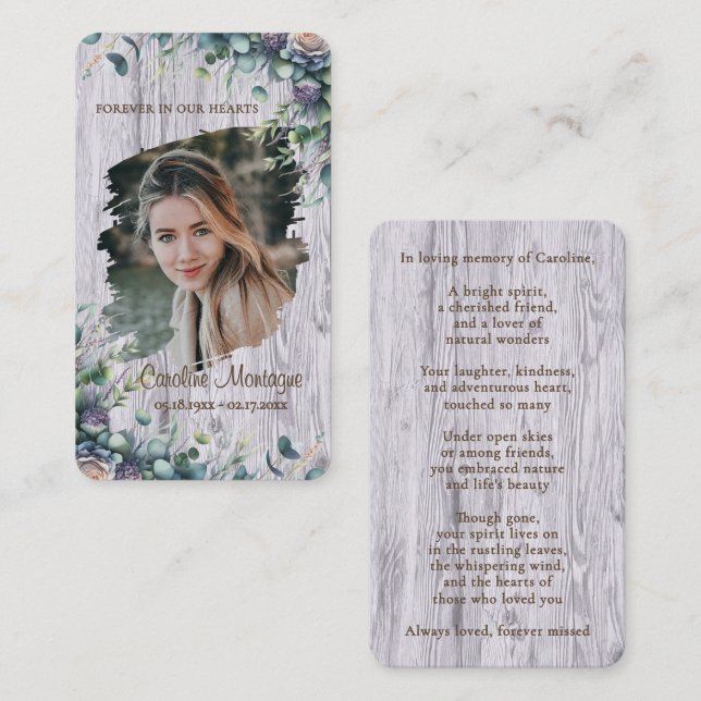Cartão De Notas Personalized Rustic Floral Photo Memorial Card (Frente/Verso)