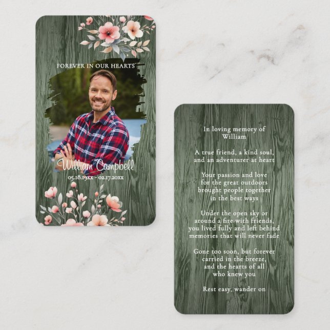 Cartão De Notas Personalized Rustic Floral Photo Memorial Card (Frente/Verso)