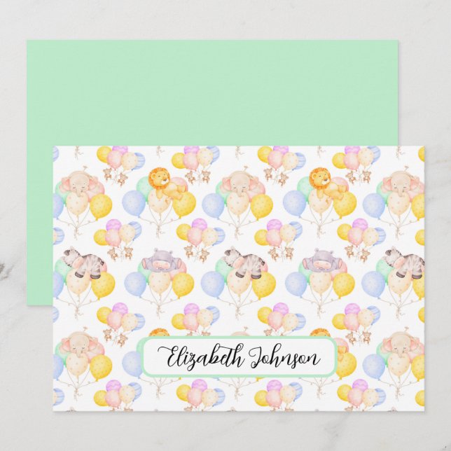 Cartão De Notas Personalized Safari Animals Baby Shower Note Card (Frente/Verso)