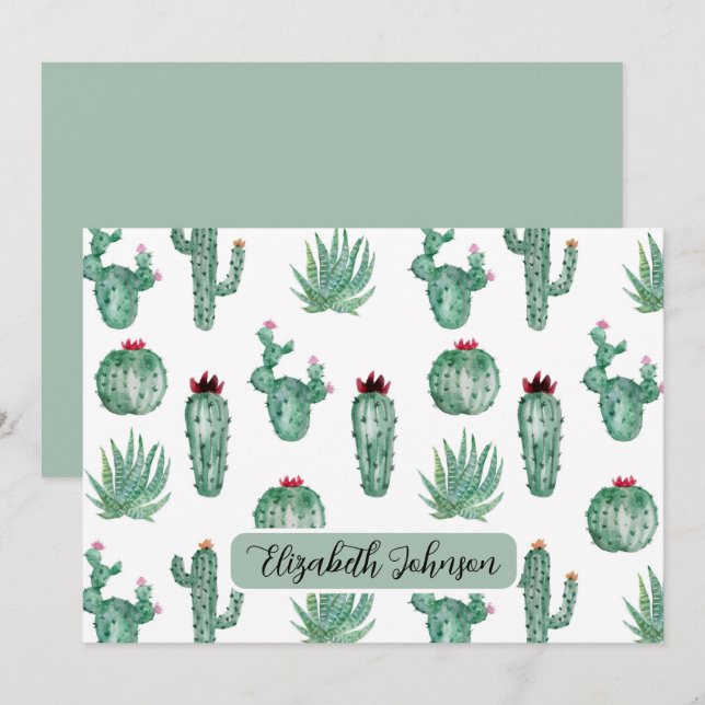 Cartão De Notas Personalized Southwest Cactus Botanical Note Card (Frente/Verso)