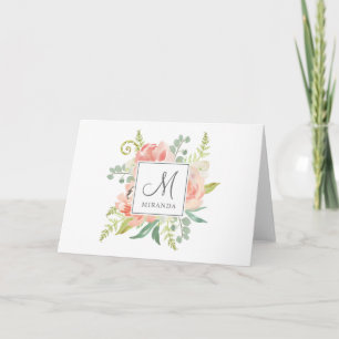 Cartão De Notas Pêssegos e Creme Aquarela Floral com Monograma