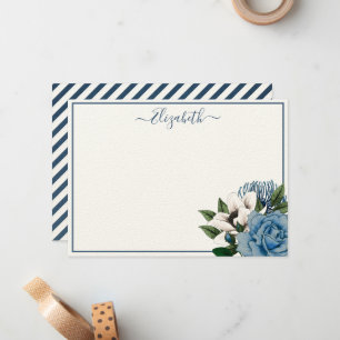 Cartão De Notas Pessoal Floral Azul Naval e Azul Empoeirado Elegan