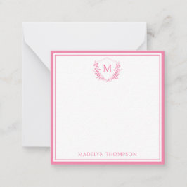 Cartão De Notas Pink Double Border Floral Crest Monograma Sque