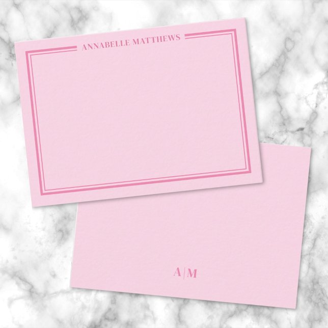 Cartão De Notas Pink Two Border Minimalist Name Monogram (Pink Two Border Minimalist Name Monogram Note Card)