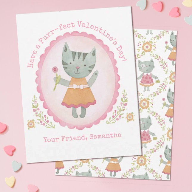 Cartão De Notas Placa de Dia de os namorados de Gato Bonito (A cute pink kitty cat Valentines day card. Personalize it for a Valentine's Day school gift exchange)