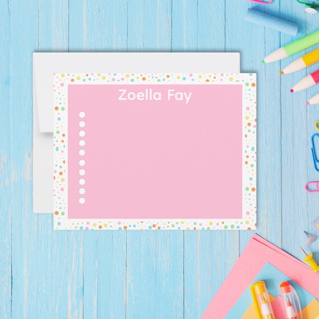 Cartão De Notas Placa de Nota de Confetti de Cores Brilhantes Mode (Colorful Polka Dot Pink Custom Back-to-School Note Card)