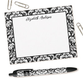 Cartão De Notas Placa de Nota de Damasco Branco Preto Elegante