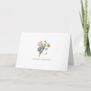 Cartão De Notas Placa de Nota Dobrada L Monograma Dourado Floral