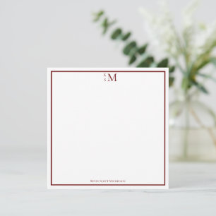 Cartão De Notas Placa de Nota Elegante de Branco Vermelho Monogram