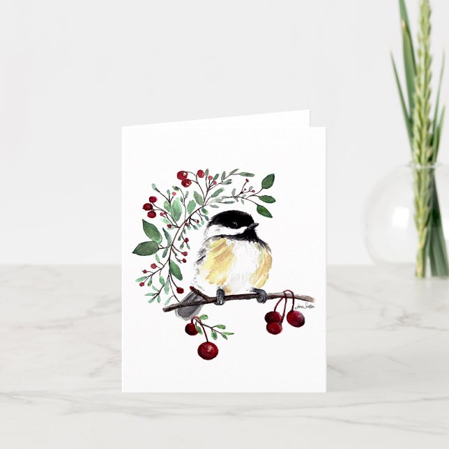 Cartão De Notas Placa de Nota Encantadora de Aquarelas de Chickade (Cute watercolor chickadee on branch with berries note card from Jenn Steffen Art)
