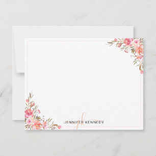 Cartão De Notas Placa de Nota Floral de Cor de Água Rosa Chic