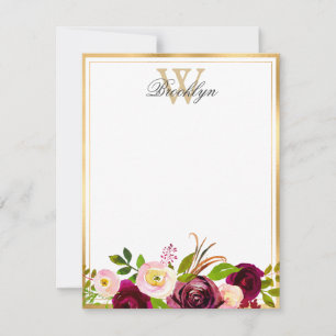 Cartão De Notas Placa Nota Burgundy Blush Botânico Floral Monogram