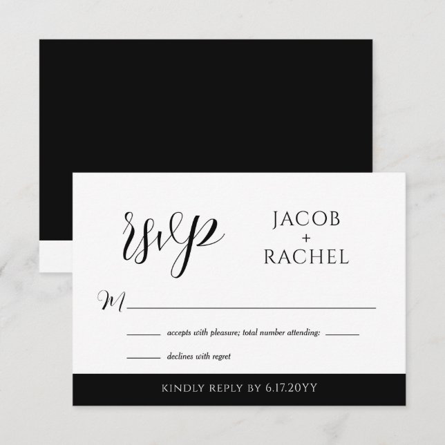 Cartão De Notas Placa RSVP de Casamento Preto e Branco de Script M (Frente/Verso)
