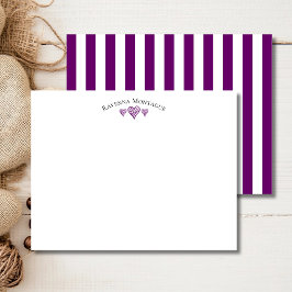 Cartão De Notas Plum Purple Elegant Wavy Hearts Striped Note Card